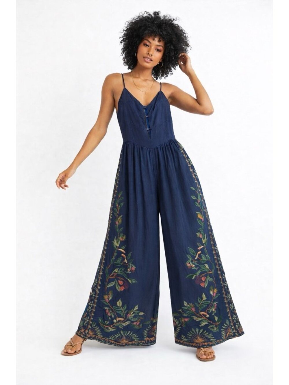 FARM RIO jumpsuit wide leg gray SMALL floral bohemian romper spaghetti strap